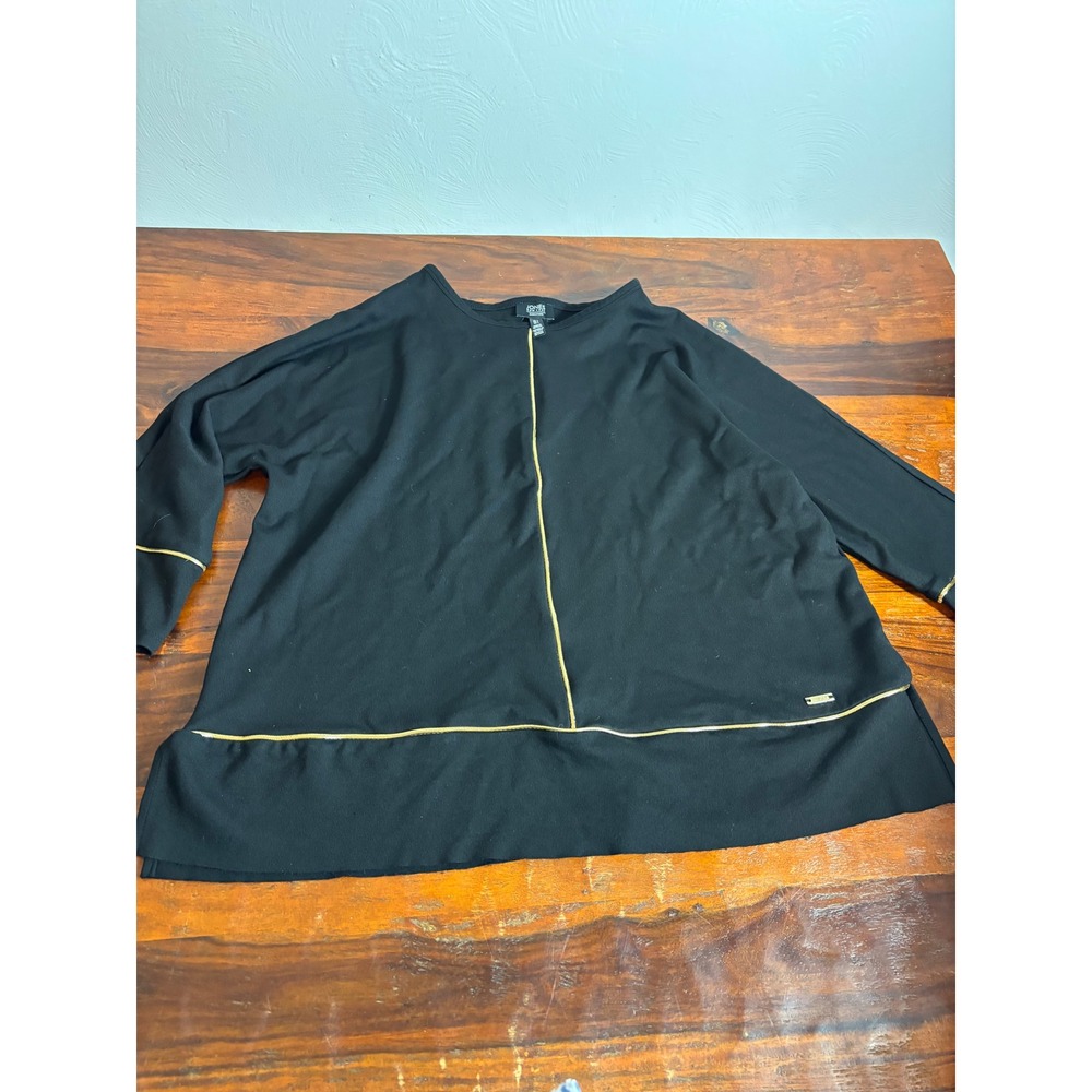 Jones New York Signature Black Gold Trim‎ Tunic Top Womens Large Knit 3/4 Sleeve